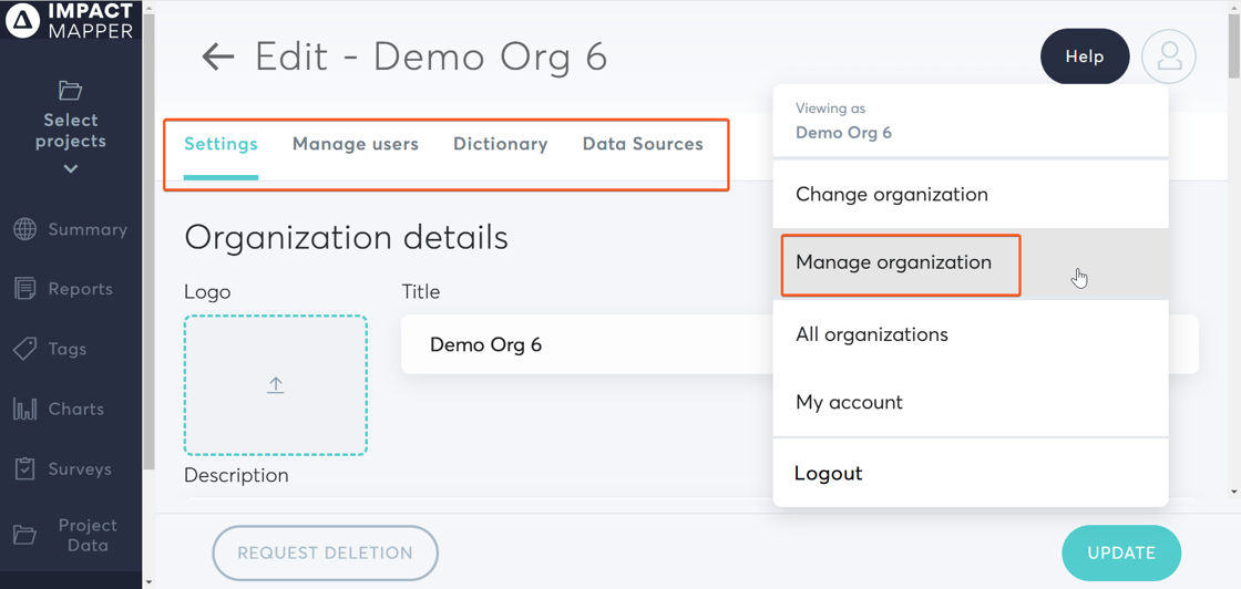 Manage organization menus